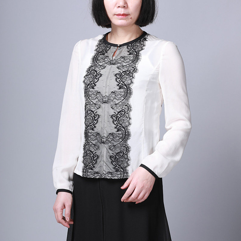 [时尚休闲]靓诺白色前拼接长袖T恤女春季立体撞色套头衫NT16103A