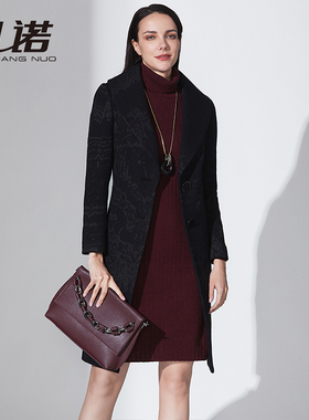 靓诺秋冬中长大码黑色大翻领高端气质休闲毛呢大衣外套LD18422A