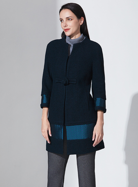 靓诺雅致绿色中长款羊毛大衣立领设计精致有型修身显瘦LD16470A