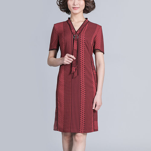 [质感V领]靓诺酒红驼点收腰裙女中长款夏季设计感连衣裙LL19271A