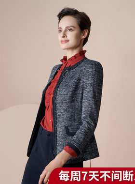 灰蓝色人字纹立体通勤手工钉珠上衣LS21333A