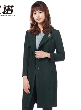 靓诺墨绿色进口方块镂空蕾丝风衣女士毛呢外套修身显瘦LF16102A
