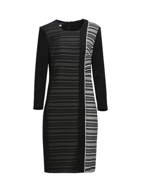 靓诺冬季女士裙子黑白条格不对称气质拼接过年打底连衣裙LL16145A