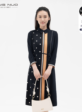 靓诺轻奢设计感波点连衣裙春装新款小翻领修身中长款裙子LL22157A