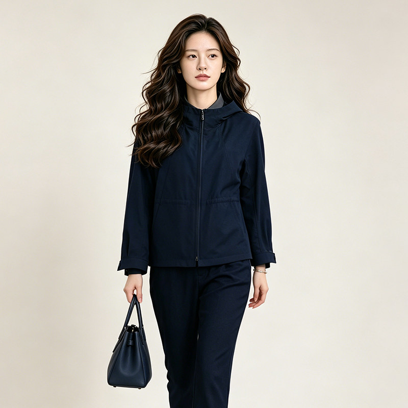 [时尚休闲]靓诺水洗棉灰蓝色连帽短风衣女春季简约款外衣NF26125A