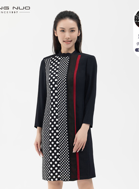 [轻柔百搭]LIANGNUO靓诺黑白印花波点长袖拼接款连衣裙女LL20143A