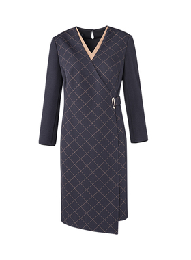 靓诺藏蓝焦糖格子包裹式双层V领连衣裙修身围裹格纹裙子LL21480A