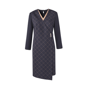 靓诺藏蓝焦糖格子包裹式双层V领连衣裙修身围裹格纹裙子LL21480A
