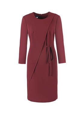 靓诺酒红带腰带连衣裙LL16348A