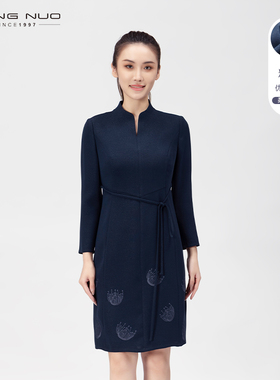 [高级定制]LIANGNUO靓诺冬款蓝色绣花连衣裙高端奢华裙子LL19412A