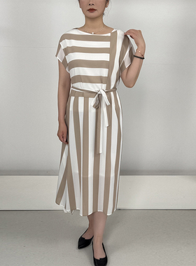 LN系列轻奢女士白拼肤色圆领廓形中长款连衣裙气质休闲NL21238A