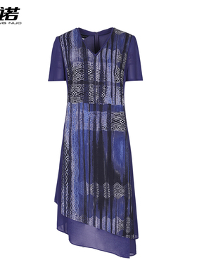 靓诺抽象建筑灵动飘逸早秋女装印花连衣裙V领收腰雪纺群LL16248B