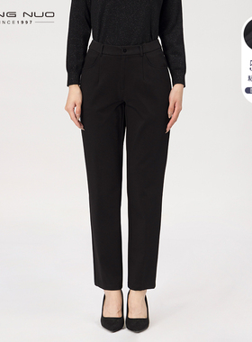 靓诺通勤简约黑色针织休闲裤女大码弹力修身显瘦直通长裤LK18404A