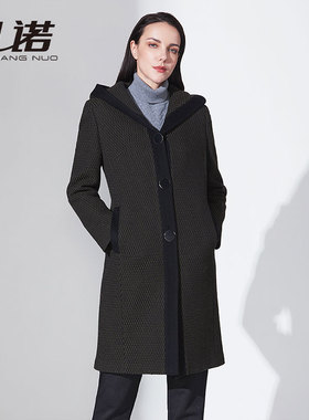 靓诺秋冬毛呢大衣女高端修身显瘦绿色拼接连帽中长款外套LD18414A