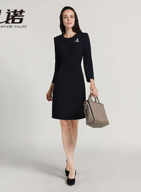 靓诺秋冬女士藏蓝色蕾丝打底新年修身气质拼接高级连衣裙LL18342A