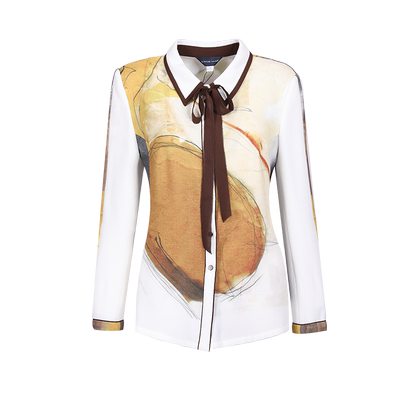 靓诺衬衫领驼印花女士飘带修身