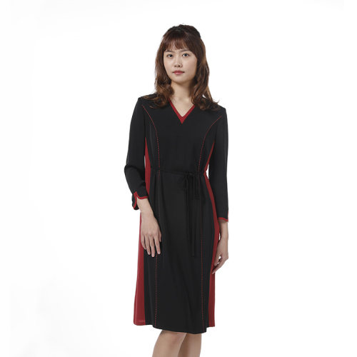 [质感V领]靓诺黑色撞红线V领裙子女中长款立体精裁连衣裙LL20142B