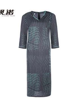 靓诺绿条纹V领亚麻连衣裙复古休闲连衣裙女夏季2023新款LL18271B