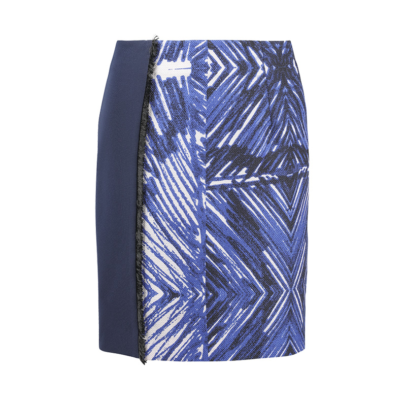 高端蓝色乱纹短裙通勤轻奢撞色