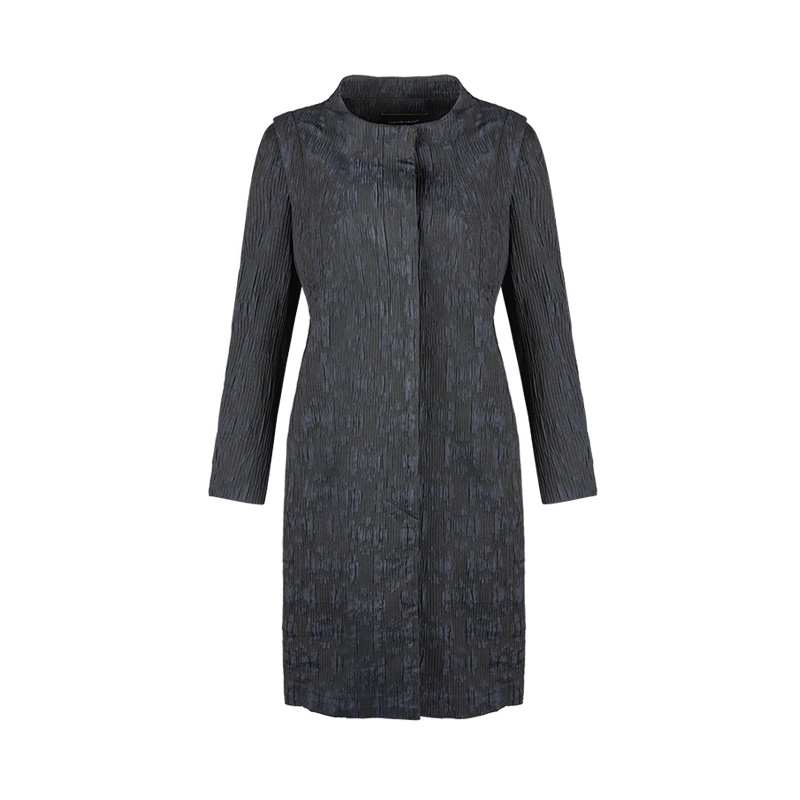 [法式高贵]LIANGNUO靓诺藏蓝色提花风衣女秋冬款大衣女款LF17135A