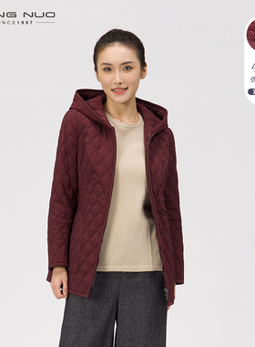 靓诺女装棉服女红色短款连帽薄冬季新年棉衣冬季修身外套LM18457A