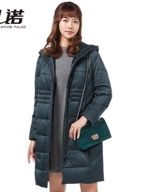 靓诺绿色止口镶条横格连帽白鸭绒羽绒服女士修身冬装外套LY20455A