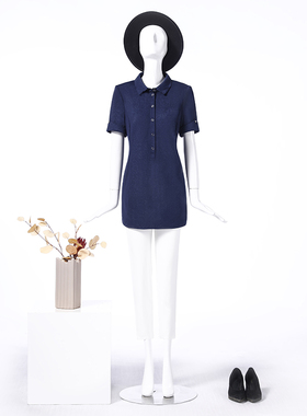 LIANGNUO靓诺蓝色压光中长款半袖衬衫LQ14462A