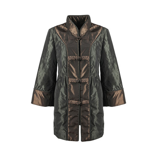 [新中式]LIANGNUO靓诺草绿色棉服秋冬款系扣长袖女款外套LM13167A