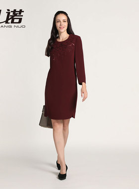 靓诺秋冬红色打底裙亮片刺绣气质修身优雅高级大码连衣裙LL16342A