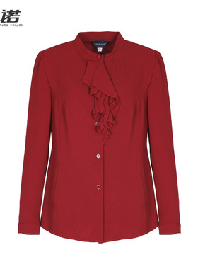 靓诺国风新中式新年红色盘扣飘带立领衬衫女通勤修身衬衣LC23114J