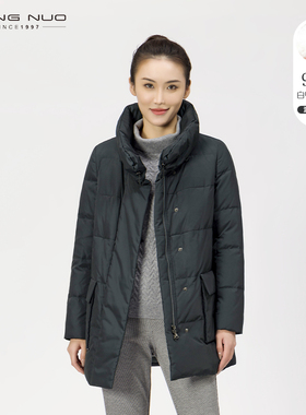 靓诺女装墨绿色休闲白鸭绒羽绒服女冬季保暖短款外套立领LY18493A