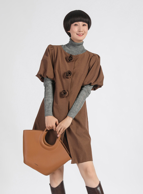 [商场同款]靓诺复古设计感优雅咖色女连衣裙2025新款LL25293B