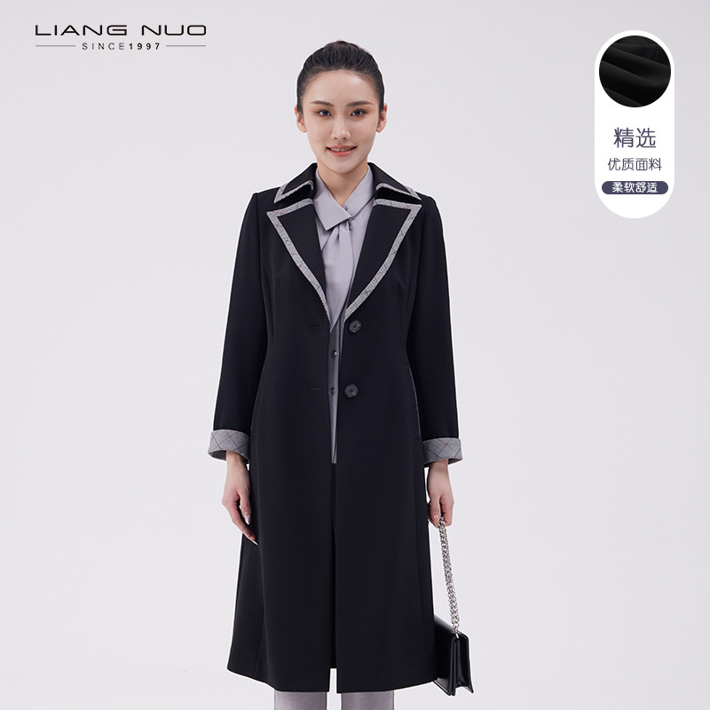 LIANGNUO靓诺黑色长款镶边翻驳头风衣中长款西装领风衣LF21120A