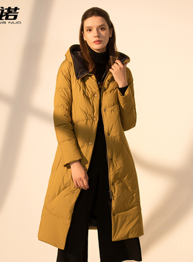 靓诺金橄榄色拼接连帽长款时尚长款羽绒服LY22488A