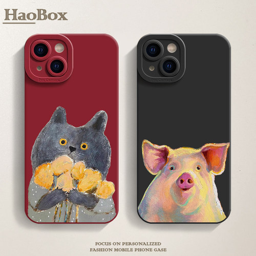 油画猪iPhone15苹果15promax手机壳nova11华为mate60pro小米14适用opporeno9荣耀80新款X90情侣红米note13软