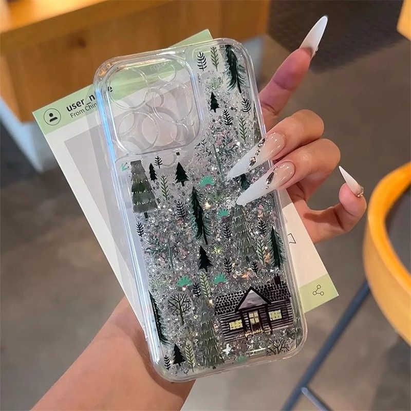 森林木屋适用小米15pro手机壳14会下雪的手机壳iphone16全包流沙mate60红米k70秋冬x200蛇年findx8雪花reno13