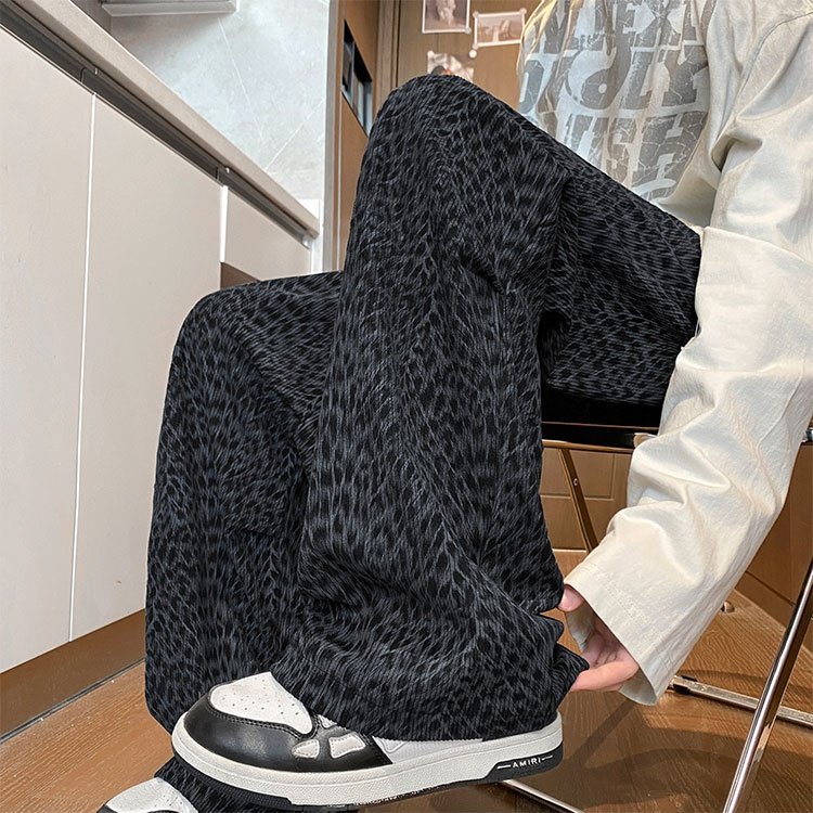 运动裤男加绒加厚秋冬季高级感阔腿裤子韩版潮流时尚豹纹情侣长裤