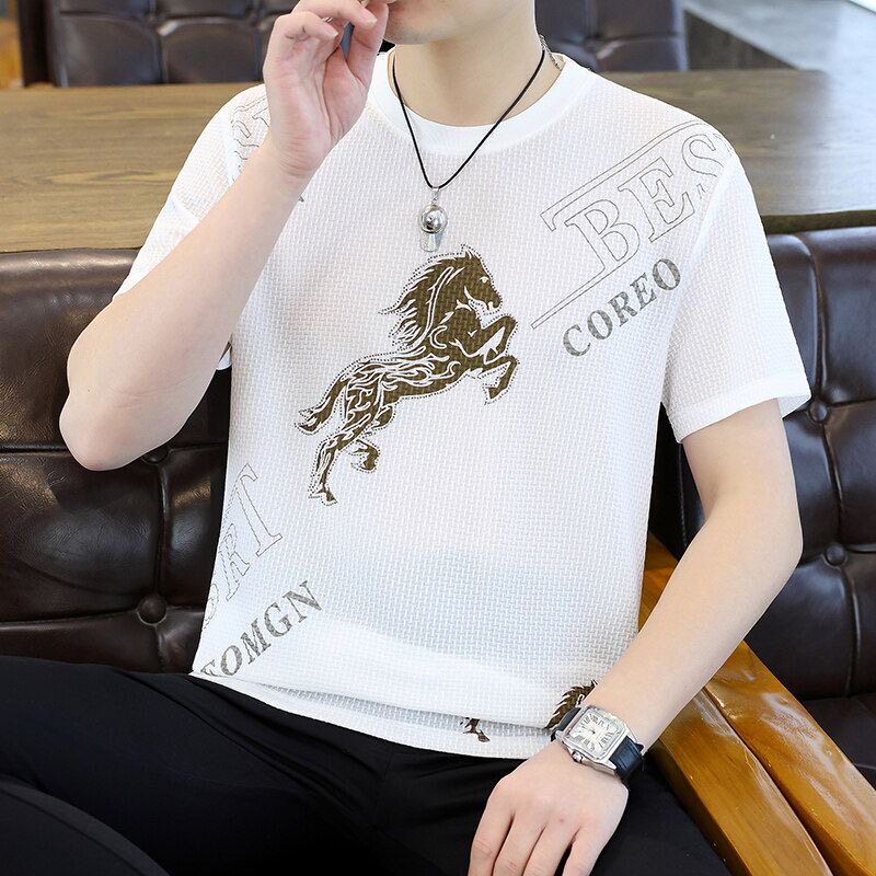 夏季t恤男2026新款修身圆领冰丝打底衫帅气百搭印花马年短袖青年