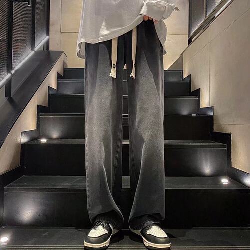 牛仔裤男休闲春秋季港风宽松百搭直筒阔腿长裤子松紧腰青年运动裤
