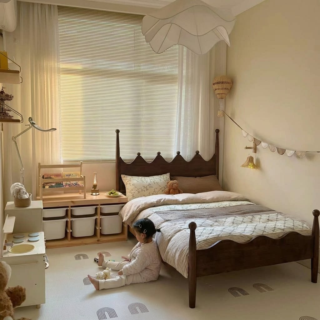 喜力美胡桃木色双人床法式复古床中古风新中式1.8m全实木床儿童床
