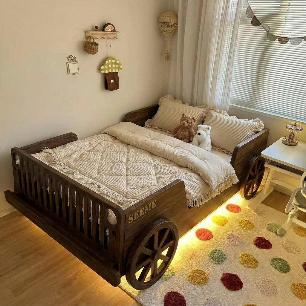 喜力美汽车床中古风儿童床男孩带护栏卧室中古风小户型原木男童房,住宅家具,实木床,淘宝优惠券,粉丝福利购,淘宝优惠卷