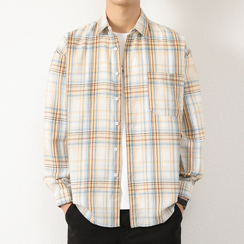 港风格子衬衫男士长袖春秋款潮流宽松休闲帅求衬衣101A-CS189-P26，男装衬衫，星座101A