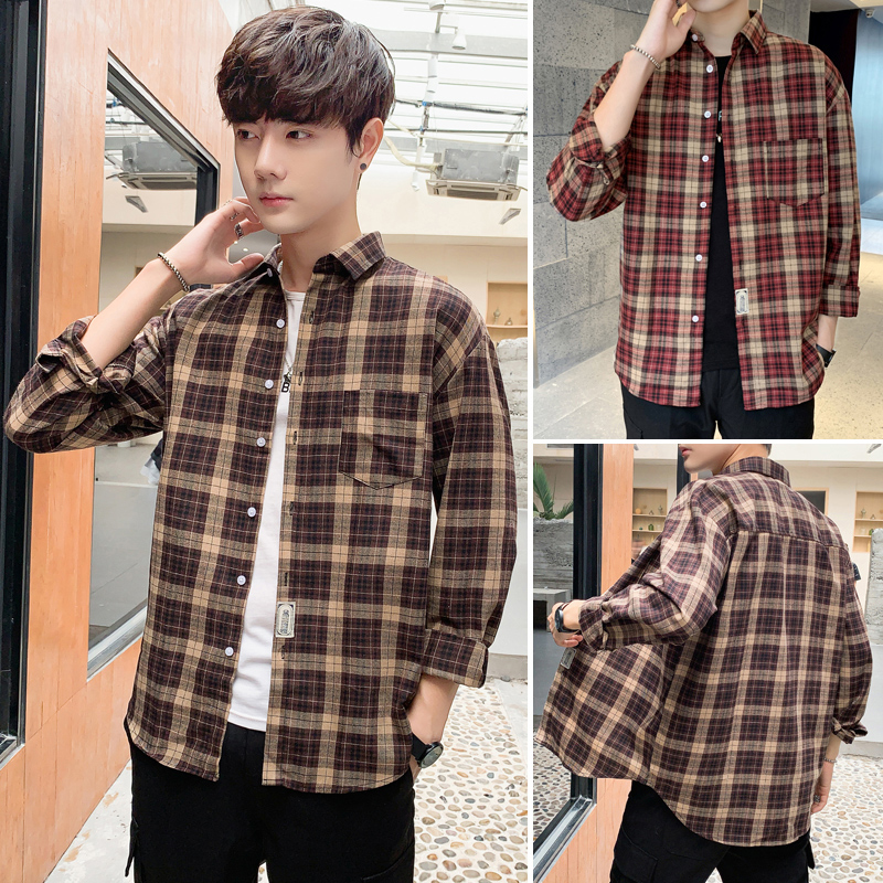 Spring and autumn check shirt men's long sleeve Korean loose youth student shirt trend
