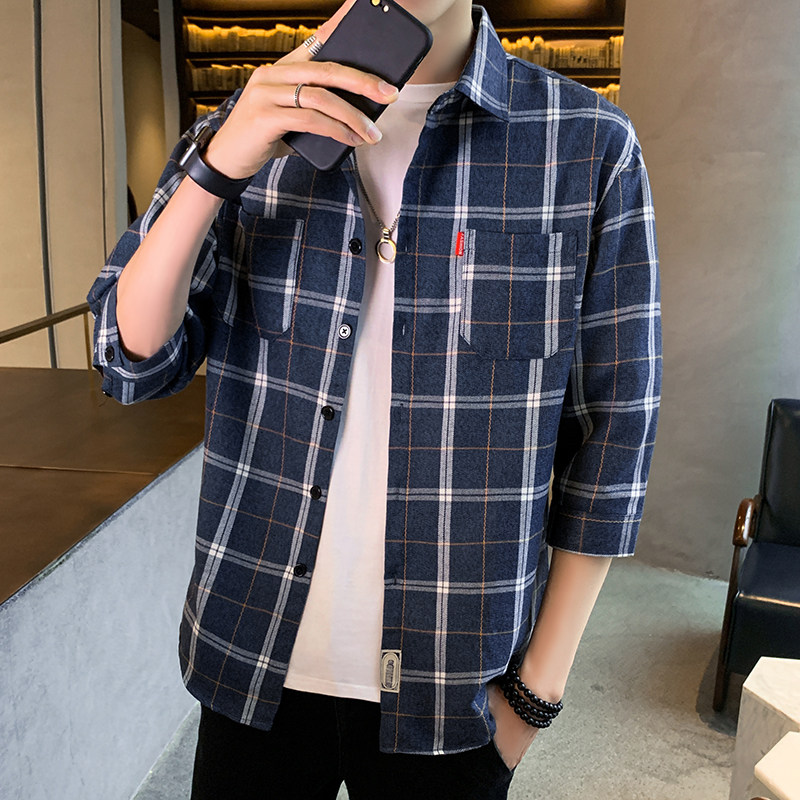 2025新款港风格子衬衫男士七分袖夏季潮流帅气衬衣101A-CS106-P30,男装衬衫,星座101A