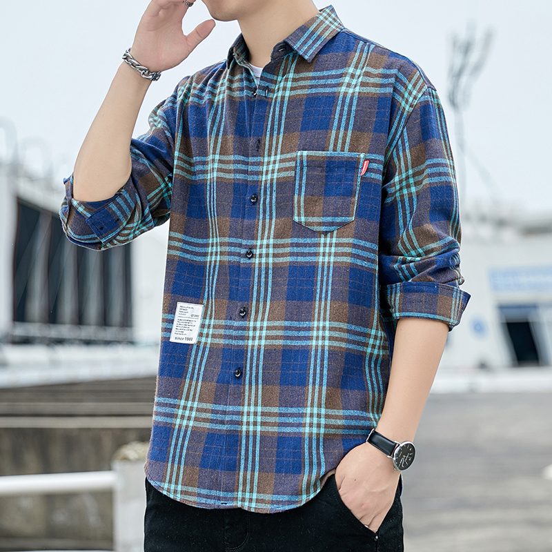 男士港风格子衬衫男长袖休闲衬衣青年帅气宽松寸衫101A-CS120-P26，男装衬衫，星座101A
