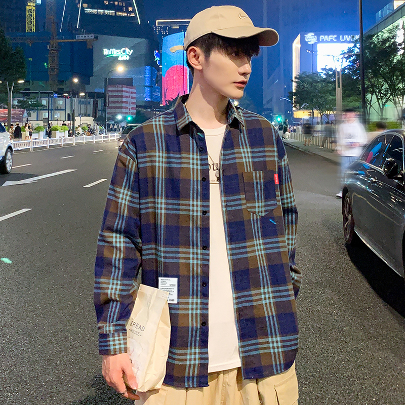 Hong Kong Style Harajuku Plaid long sleeve shirt Lapel personalized shirt