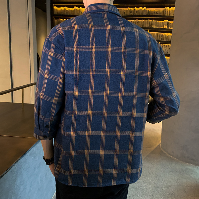 2025新款港风格子衬衫男士七分袖夏季潮流帅气衬衣101A-CS106-P30,男装衬衫,星座101A