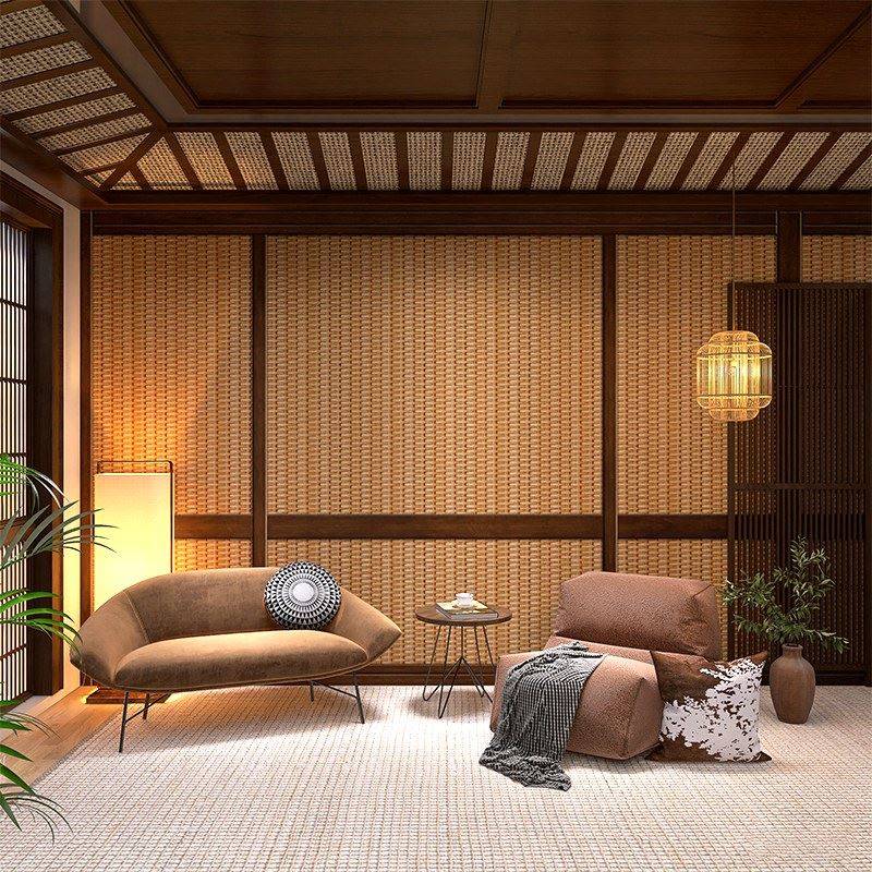 仿真竹编草席墙纸复古3d藤编中式简朴民宿客厅茶室吊顶天花板壁纸