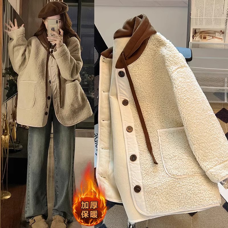羊羔绒连帽毛呢外套女大码冬季胖mm皮毛一体今年流行加厚爆款上衣