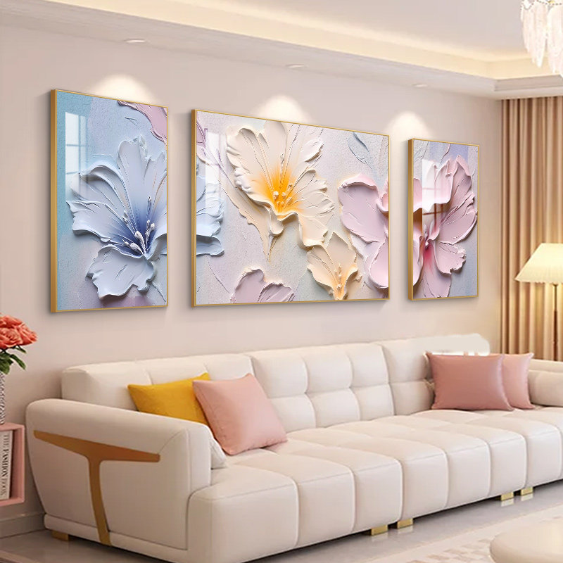 花开富贵客厅装饰画现代简约沙发背景墙挂画装饰壁画高级感三联画
